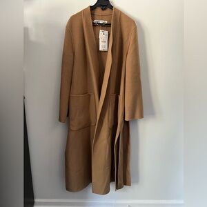 Zara Long Tan Open Front Coat